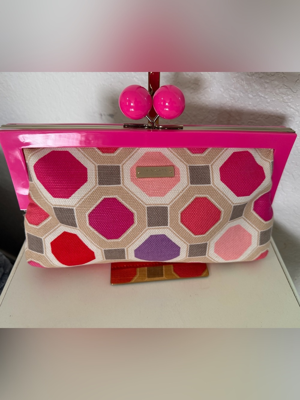 Kate Spade Pink Multicolor Geometric Canvas Frame Clutch